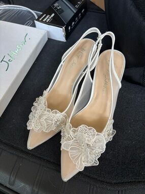 Petra Ivory Slingback Pointed-Toe Heels with Floral Appliqué